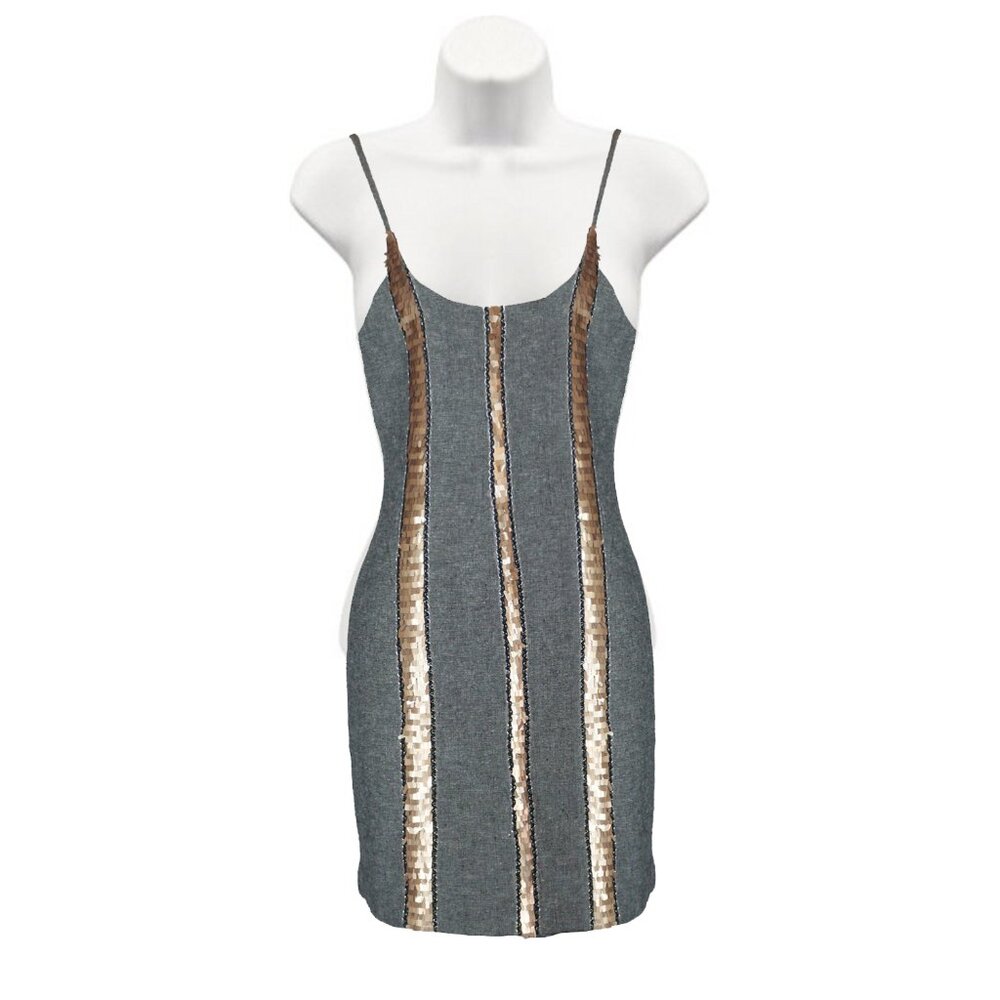 Stevie May Gray Gold Sleeveless Sequin Linen Party Mini Dress Sz S